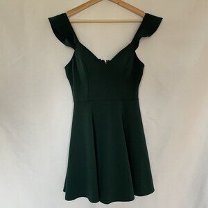 City Studio green flare sleeve fitted short dress mini lace detail princess